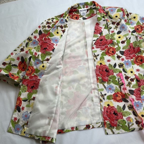 Vintage 90s Jacket Blazer Blair Womens 2XL Faux Stitch Floral Open Front Pockets - Picture 9 of 11